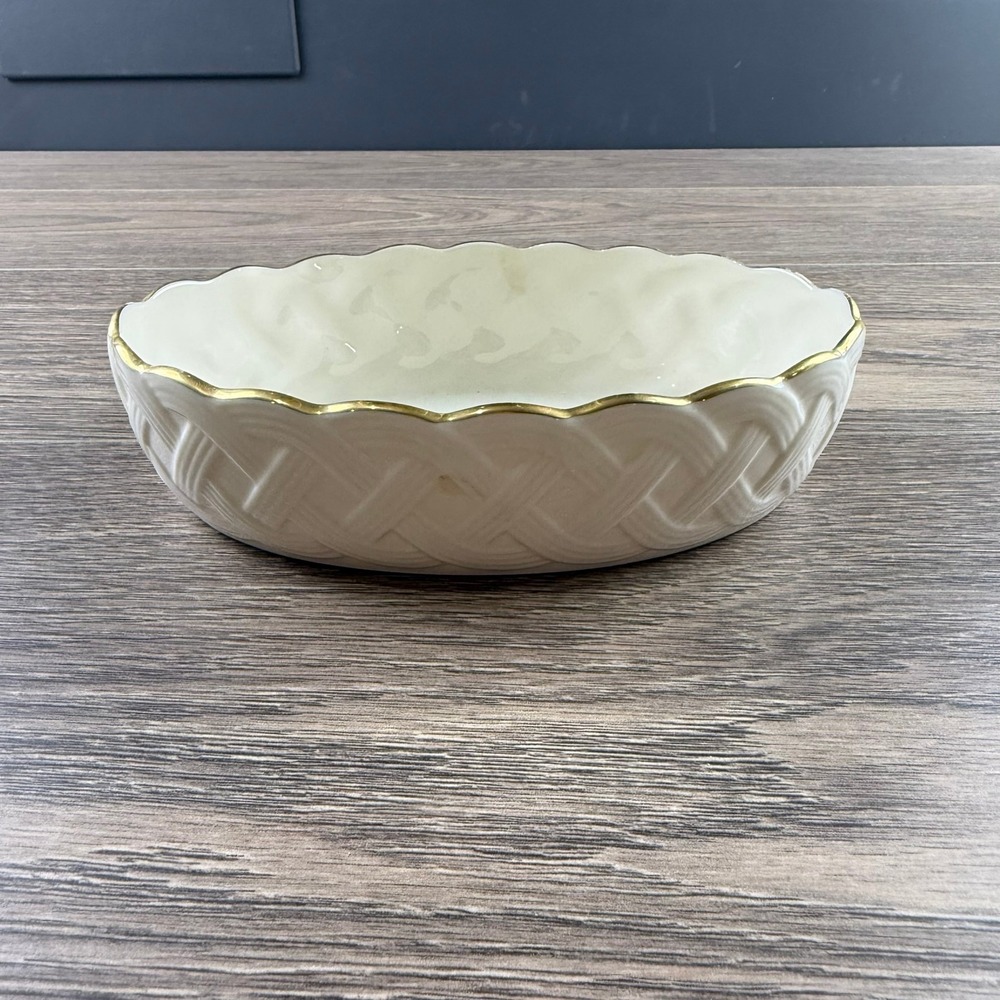Lenox Lattice Ivory China Oval Serving Bowl Basketweave Gold Trim Vintage 8"